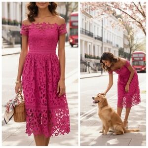 Chi Chi London Bardot Crochet Off-Shoulder Midi Dress In Fucshia Pink Size 12